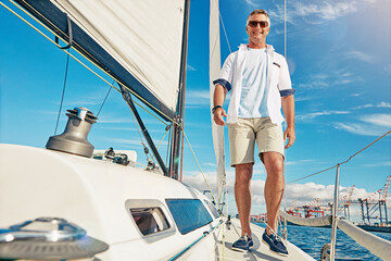 Ocean travel and man on boat portrait with smile for adventure, holiday and summer sunshine. Relax, happiness and mature guy enjoying retirement on luxury yacht break in Croatia, Europe.