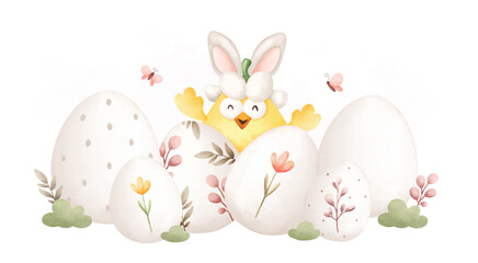 Watercolor Illustration. Easter chicks and Easter egg in the garden 