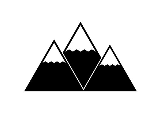 Black three triangle mountain with top snow doodle icon flat vector design.