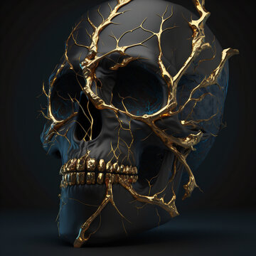The embodiment of darkness elegant vantablack skull with golden cracks. Generative AI.