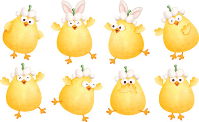 Watercolor Illustration set of Easter Chick
