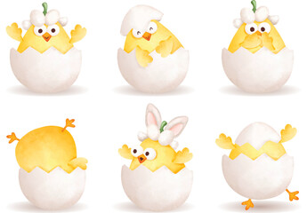 Watercolor Illustration set of Easter Chick in Egg