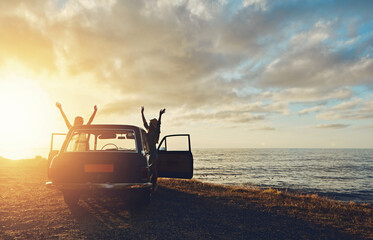 Friends, silhouette and sunset at beach with car, sky and hands in air for freedom, celebration and happy. Summer sunshine, holiday and ocean with vintage suv, travel and women by waves for happiness