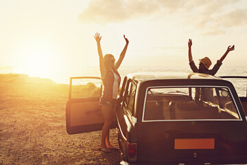 Road trip, couple of friends and sunset beach for travel, journey and summer holiday celebration. Celebrate, arms in air and vintage, retro car for outdoor vacation, parking and nature drive by ocean