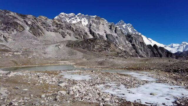 Kongma La, Nepal: Panoramic view of the Kongma La pass between Chukung and Lobuche culminating at 5535m toward Everest base camp in the Himalayas in Nepal on sunny winter day. 