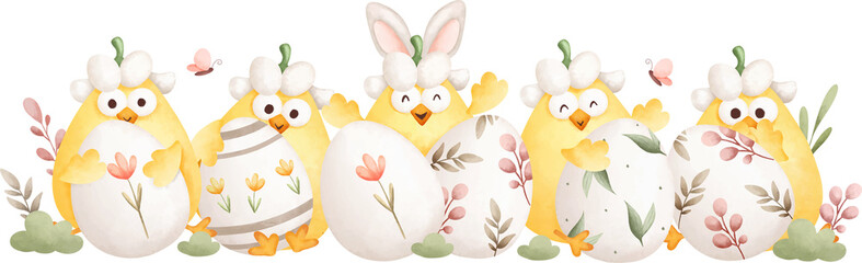 Easter Chick and Easter Egg. Watercolor Illustration