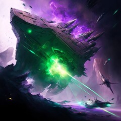 Gigantic space dreadnought getting a big hit on the side in an epic space battle in front of a giant planet in a green and purple starcloud