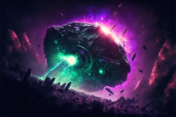 Gigantic space dreadnought scorching the surface of a planet in an epic space battle in front of a giant planet in a green and purple starcloud