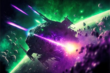 Gigantic space dreadnought getting hit by purple laser in an epic space battle in front of a giant planet in a green and purple starcloud