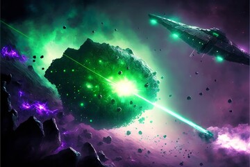 Fototapeta na wymiar Gigantic space dreadnought shooting through a comet with green laser in an epic space battle in front of a giant planet in a green and purple starcloud