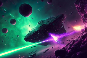 Gigantic space dreadnought in a big asteroid field in an epic space battle in front of a giant planet in a green and purple starcloud