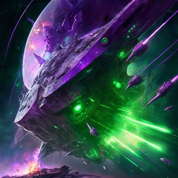 Gigantic Space Dreadnought Firing All Laser To Exterminate In An Epic Space Battle In Front Of A Giant Planet In A Green And Purple Starcloud