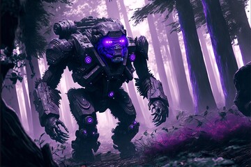 Biopunk mechanical anthropomorhpic robot warrior with purple visor waiting for startup and orders hidden in a wood