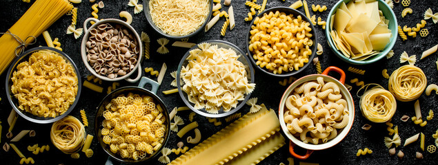 Different types of dry pasta in bowls.
