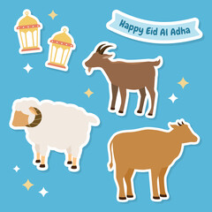 Happy Eid Al Adha goat, cow, sheep cartoon concept sticker set collection