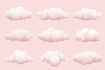 Set of cartoon pink clouds, isolated on pink background.	
