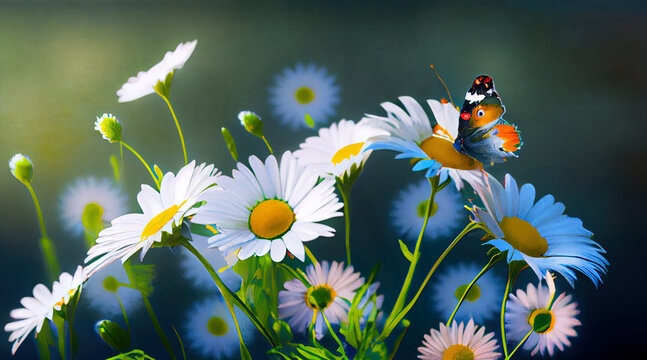 Spring country pastoral illustration, blooming dasy flowers buds