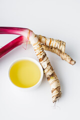 fresh yarrow root on a white acrylic background