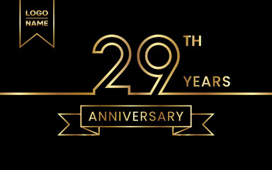 29th Anniversary template design with gold color text and ribbon for celebration event, invitations, banners, posters, flyers, greeting cards. Line Art Design, Logo Vector Template