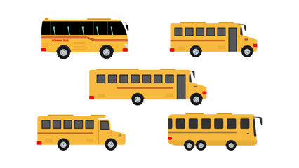 Set of five school bus isolated on white background.