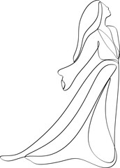 Beautiful woman in long flowing dress in continuous line art drawing style. Girl wearing luxury evening or bridal gown. Minimalist black linear sketch isolated on white background. Vector illustration