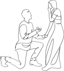 The guy makes a marriage proposal to his girlfriend. Line art. Valentine's Day illustration. Romantic.