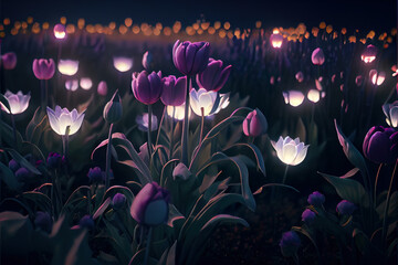 Obraz premium Stripes of multicolored dutch tulips at night