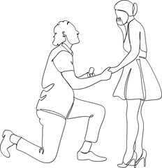 The guy makes a marriage proposal to his girlfriend. Line art. Valentine's Day illustration. Romantic.