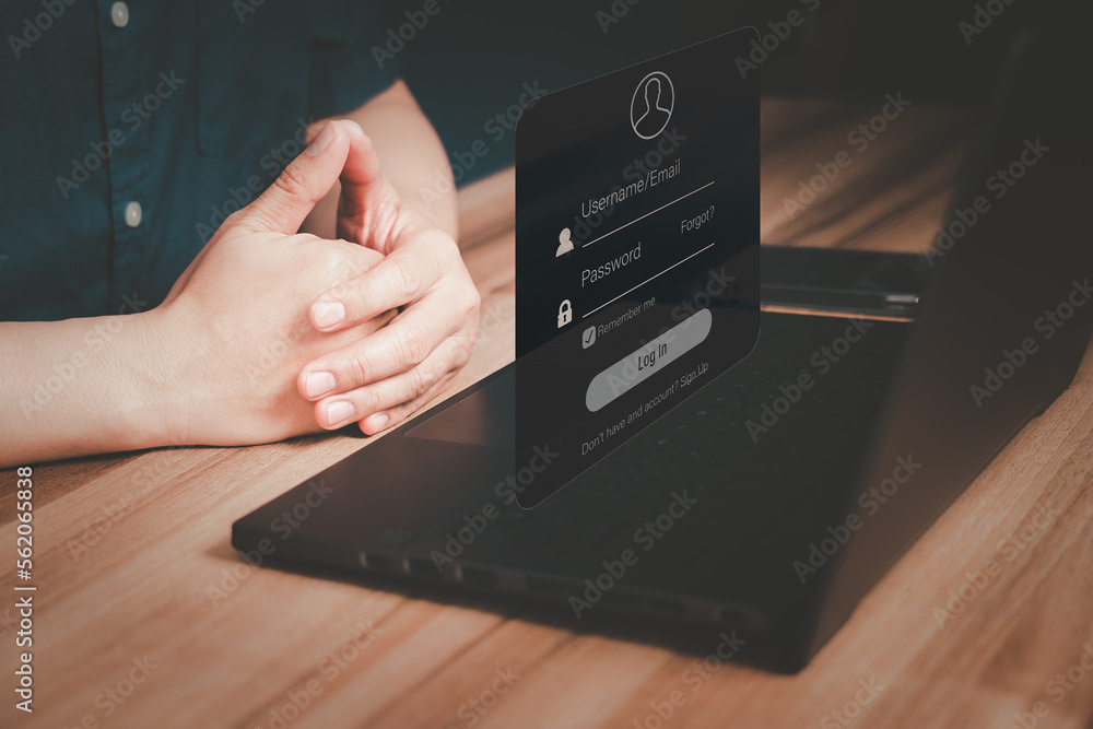 Poster Man protecting personal data on a computer laptop and virtual interface. Cyber security concept to protect data. Secure encryption and access to the user's private information to access the internet.