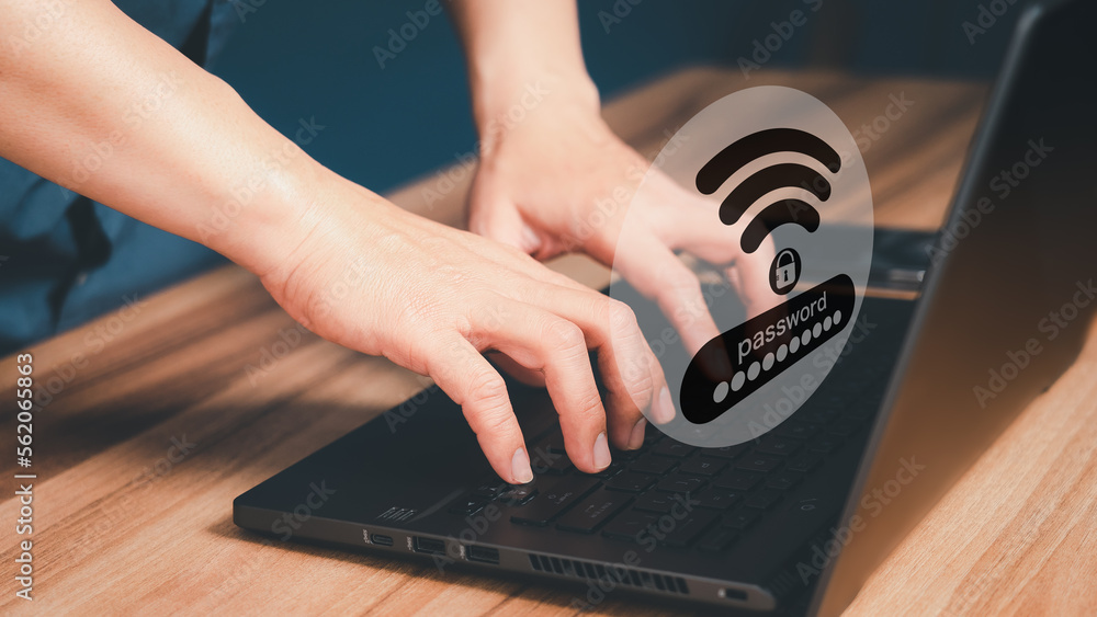 Poster Man using a computer laptop to connect to wifi and waiting to loading digital business data form website, concept technology of waiting for connect to wifi.