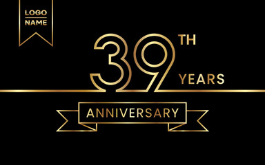39th Anniversary template design with gold color text and ribbon for celebration event, invitations, banners, posters, flyers, greeting cards. Line Art Design, Logo Vector Template
