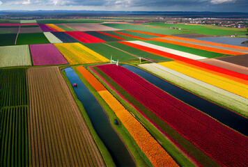 Stripes of blooming multicolored dutch tulips frome above - obrazy, fototapety, plakaty