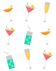 Cocktails collection, alcoholic and non-alcoholic summer drinks with ice cubes of lemon, lime, and mint. Whiskey with ice, tequila, vodka, sambuca, mojito. Vector illustration of summer cocktails.