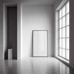 AI generated. Empty vertical Frame with reflective glass on minimalist Living Rooms Wall.