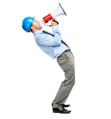 A handsome young contractor standing alone in the studio and using a megaphone  isolated on a PNG...