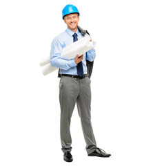 A handsome young contractor standing alone in the studio and holding blueprints isolated on a PNG...
