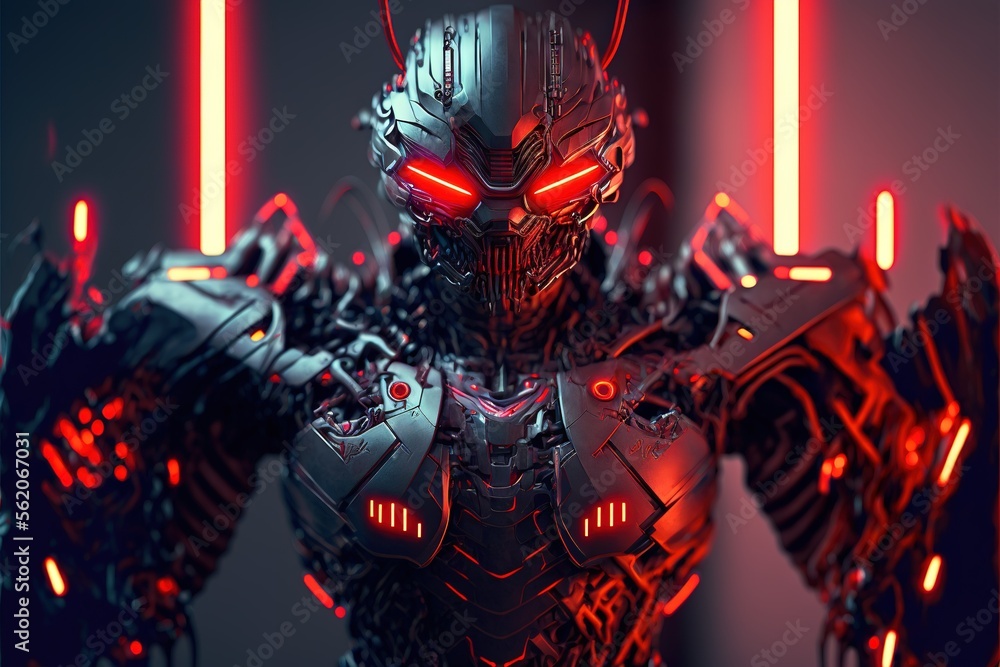 Poster evil robot. cyborg. evil robot with red eye. generative ai