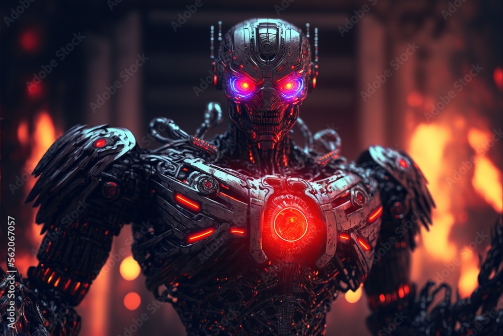 Poster evil robot. cyborg. evil robot with red eye. generative ai