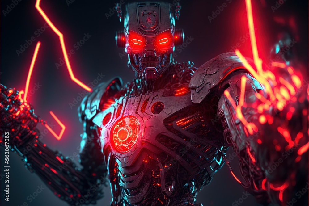 Poster evil robot. cyborg. evil robot with red eye. generative ai