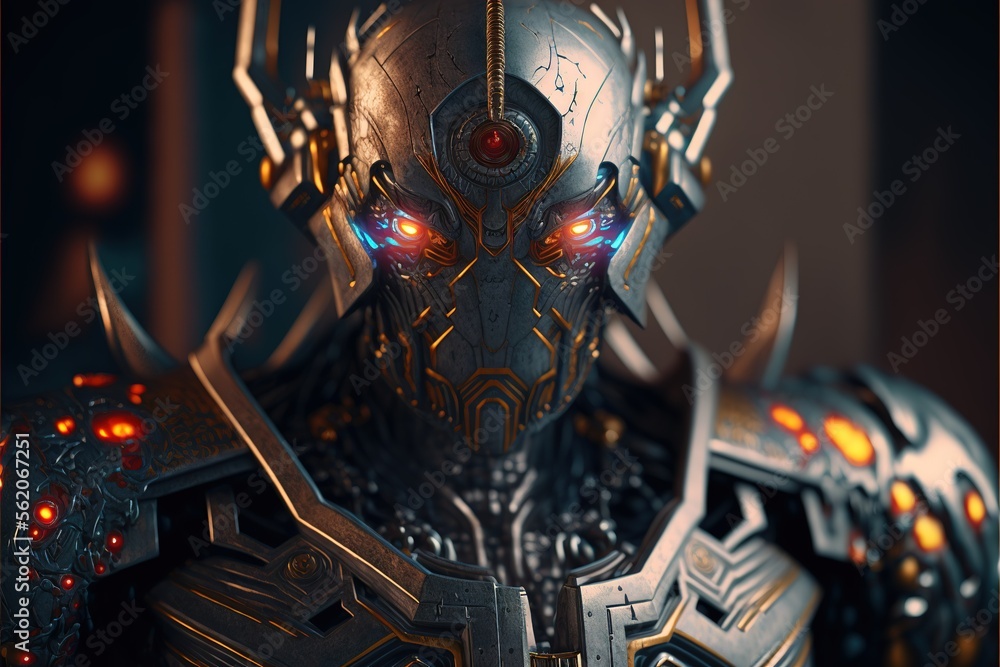Poster evil robot. cyborg. evil robot with red eye. generative ai