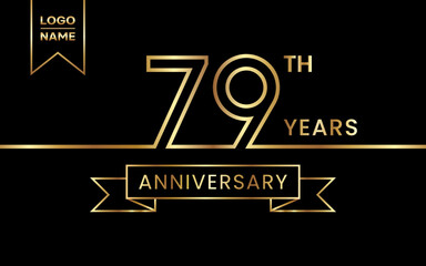 79th Anniversary template design with gold color text and ribbon for celebration event, invitations, banners, posters, flyers, greeting cards. Line Art Design, Logo Vector Template