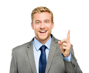 A handsome young businessman standing alone in the studio and pointing upwards isolated on a PNG background.
