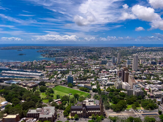 Panoramic Aerial Drone view of Sydney CBD and Harbour. Housing, roof tops, the streets, parks, commercial office towers