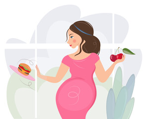 A pregnant woman refuses a hamburger in favor of cherries. No fast food. Only a healthy diet for an unborn baby. Vector flat isolated illustration. The concept of healthy eating, safe pregnancy.