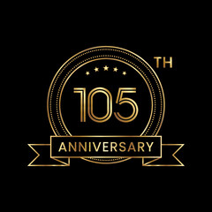 105th Anniversary logo design with gold color text and ribbon for celebration event, invitations, banners, posters, flyers, greeting cards. Line Art Design, Logo Vector Template