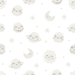 A cute bohemian pattern for the walls in a child's room. Seamless vector pattern. Cute planets with faces 
