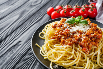 delicious Bolognese pasta on a black plate