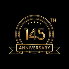 145th Anniversary logo design with gold color text and ribbon for celebration event, invitations, banners, posters, flyers, greeting cards. Line Art Design, Logo Vector Template