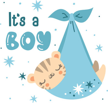 Vector design for baby showers. Cute newborn tiger cub in a blue diaper. The inscription is a boy 