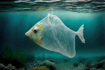 Fototapeta The concept of pollution in the ocean. The concept of fighting for a clean ocean. Fish as a plastic bag AI Generation obraz